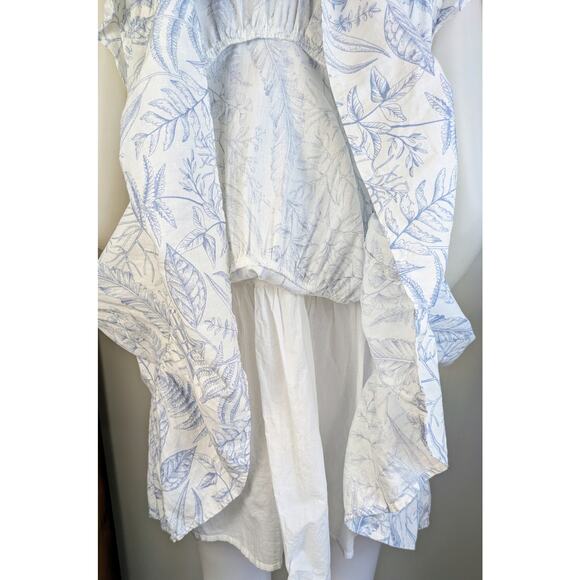 Aura Minidress Babydoll Medium White Blue Botanical Print Tiered Ruffled Smocked - Picture 8 of 12